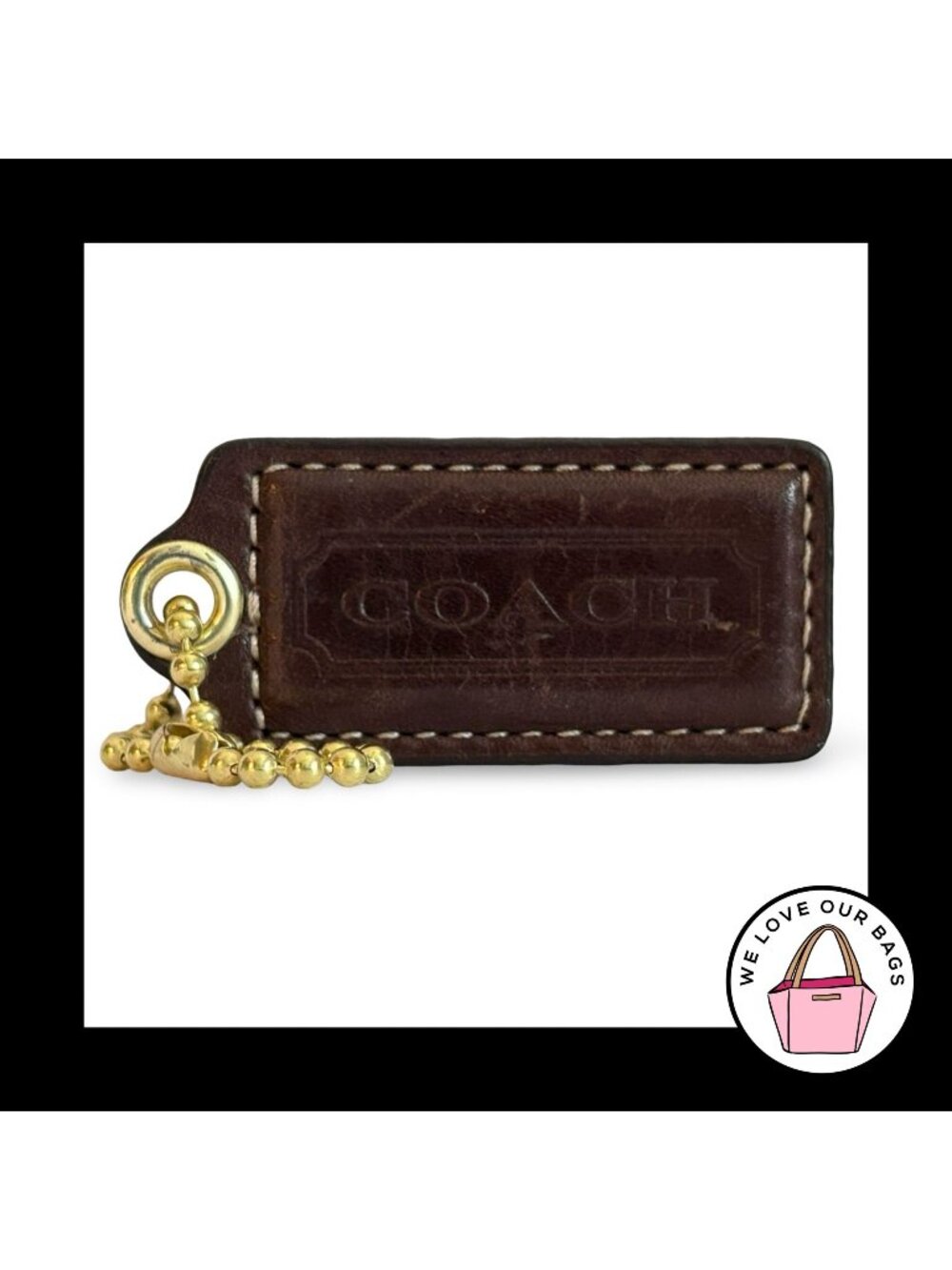 COACH HANG TAG 2.25" Walnut Brown Leather Bag Charm Keychain Fob Brass Large